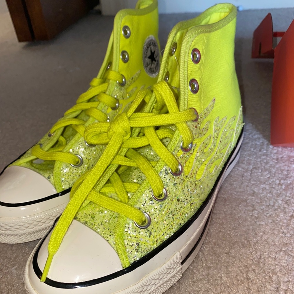 Green sparkly flame converse